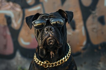 Fototapeta na wymiar A happy dog with sunglasses and gold chain, looking at camera, Generative AI