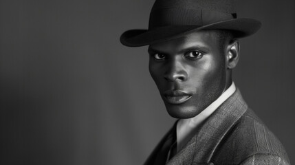 In a black and white portrait a striking black man exudes confidence and suave charm his tailored suit and fedora hat giving off vibes of old cinema. His chiseled features and captivating . - obrazy, fototapety, plakaty