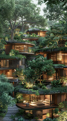 A series of houses are built on top of each other, with a lush green forest surrounding them. The houses are designed to blend in with the natural environment, creating a serene