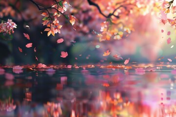 reflection with cherry blossom on water with tree background, Generative AI