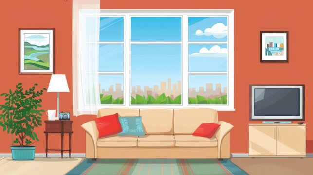 Flat cartoon vector illustration of living room with many furniture.