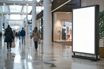 Fototapeta premium A large white billboard is in a shopping mall with people walking by, Generative AI