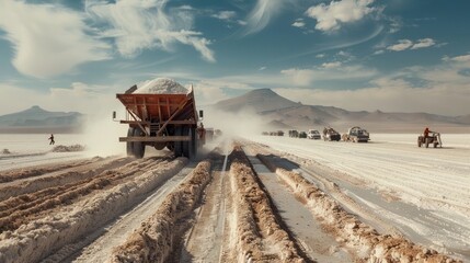 Desert Salt Flat Workers Harvesting: Valuable Mineral Production in a Stark Landscape - obrazy, fototapety, plakaty