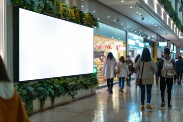 A large white billboard is in a shopping mall with people walking by, Generative AI