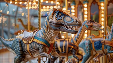 Fototapeta na wymiar Dinosaur Discovery Carousel, Prehistoricthemed with dinosaurs and fossil decorations, closeup, Dreamy style