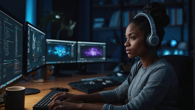 Portrait of Female Video Game Designer Working on a New 3D Level on Desktop Computer in Creative Office, Black Focused Woman Creating Metaverse and Adding Details to a Game Environment