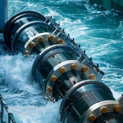 Tidal power station in action: Close-up of a tidal power station harnessing the energy of ocean tides for electricity generation. This method maximizes the efficient use of natural resources for green - obrazy, fototapety, plakaty