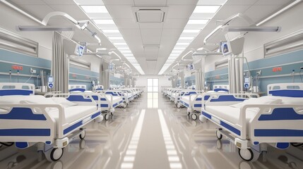 Row of hospital beds in a clean ward - obrazy, fototapety, plakaty