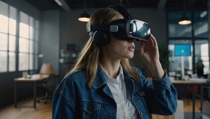 Portrait of Young Adult Female Using Virtual Reality Goggles in Creative Office, Woman Using Futuristic Augmented Reality Software for Managing Business and Marketing Project - Powered by Adobe