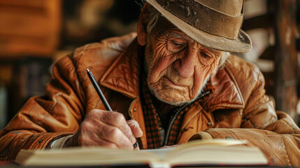 Fototapeta premium An old man wearing a hat is writing in a leather bound book. He is using a black pen