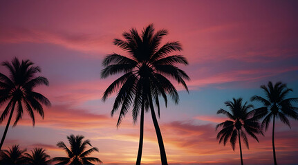 Fototapeta na wymiar Wide-format tropical sunset with radiant palm silhouettes against a gradient sky of pink and blue hues.generative.ai