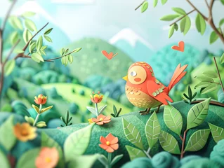 Gordijnen A bird is perched on a branch in a lush green forest. The bird is surrounded by flowers and leaves, creating a peaceful and serene atmosphere. Concept of tranquility and harmony with nature © Kowit