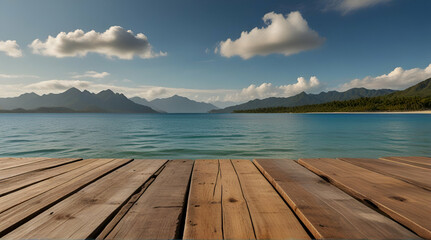 Wooden planks foreground with tropical beach and mountains in the distance. Vacation and travel concept.generative.ai