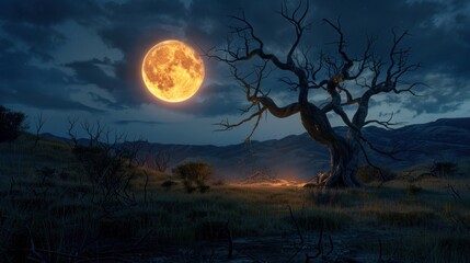 Majestic full moon illuminating night sky over serene landscape with single leafless tree. Enchanting natural scenery with clear skies and tranquil vista. Magic of lunar cycle in