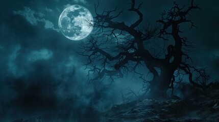 Eerie Halloween scene with full moon and dead tree. Swirling mist and shadowy figures create mystery.