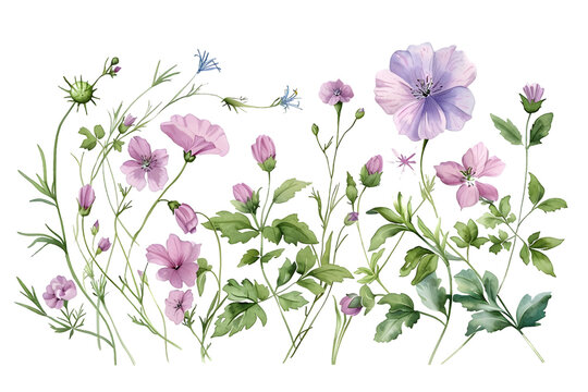 Beautiful vintage floral border of delicate flowers isolated on white background for wedding invitation or postcard design.  Vintage wild flowers medow backdrop. 