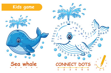 Cute sea whale, connect dots numbers children education puzzle game. Blue swim fish. Ocean water animal character. Draw picture join dotted line. Coloring page. Kid learning activity worksheet. Vector