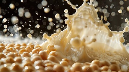 Splash of milk with soy beans in the air
