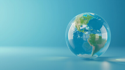 A clear glass globe placed against a solid blue backdrop. Earth Day concept. Copy space.