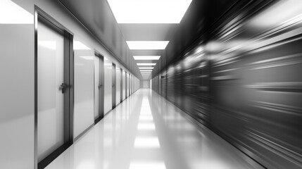 A black and white image of a long hallway extending far into the background in a sleek data center - obrazy, fototapety, plakaty