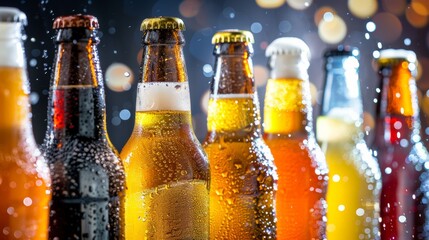 Close up photo of wet bottles of beer