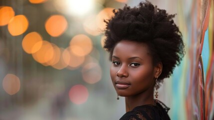 A beautiful young African American woman standing confidently in front of a vibrant and colorful...