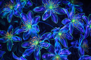 Fototapeta na wymiar A pattern of glowing, bioluminescent flowers thriving in secret corners, using their magical luminescence to illuminate hidden messages and paths created with Generative AI Technology