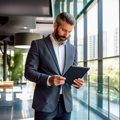 lifestyle photo business man ceo standing in office using digital tablet.