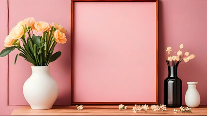 Flowers , Vase, office table, bouquet, decoration, working environment, design, interior, pink, pink, rose, pink rose,  pink wall,  vase with flowers, background, wallpaper, HD