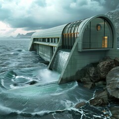 Tidal power stations on coasts: Tide stations installed on the shores of seas and oceans utilize the energy of water movement caused by tides. This innovative method allows for energy generation from - obrazy, fototapety, plakaty