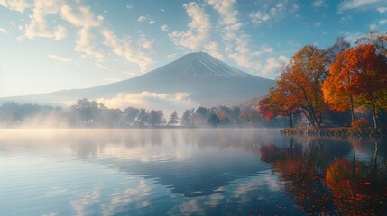 The colorful autumn season and Mount Fuji with morning fog and red leaves at Lake Kawaguchiko are some of the best places in Japan.