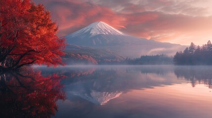 The colorful autumn season and Mount Fuji with morning fog and red leaves at Lake Kawaguchiko are some of the best places in Japan. - obrazy, fototapety, plakaty