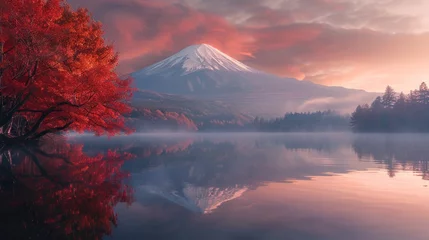 Fotobehang The colorful autumn season and Mount Fuji with morning fog and red leaves at Lake Kawaguchiko are some of the best places in Japan. © Praphan