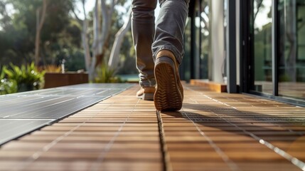 A person walking on a wooden deck lined with solar panels showcasing the integration of sustainable practices into everyday life. . . - obrazy, fototapety, plakaty