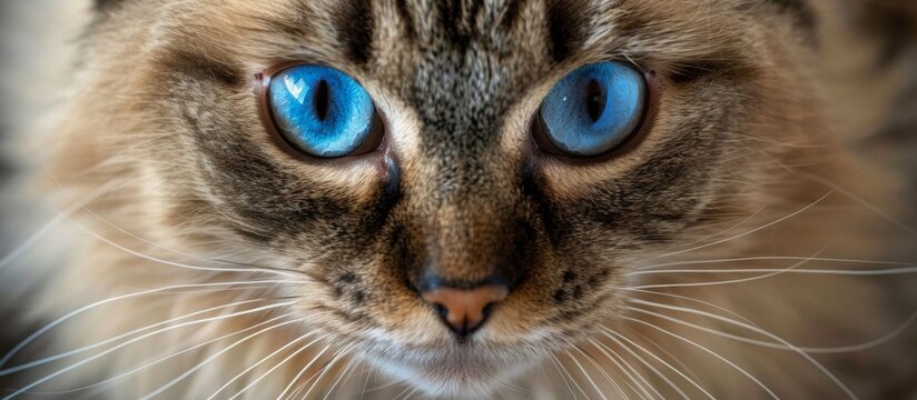A cat with striking blue eyes looking directly at the camera