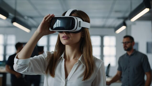 Portrait of Young Adult Female Using Virtual Reality Goggles in Creative Office, Woman Using Futuristic Augmented Reality Software for Managing Business and Marketing Project