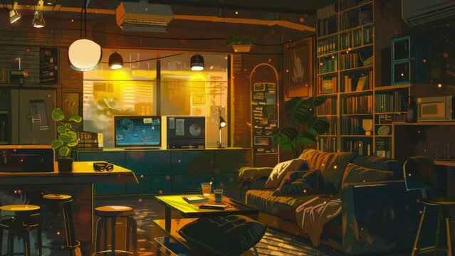 Lofi living room, beautiful chill, atmospheric wallpaper. background. lo-fi, hip-hop style. Anime and manga style. Lofi