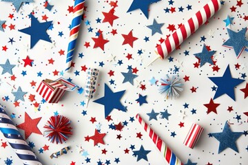Obraz premium Vivid Fourth of July composition with glittering stars, paper crafts, and Independence Day decorations against a white background.