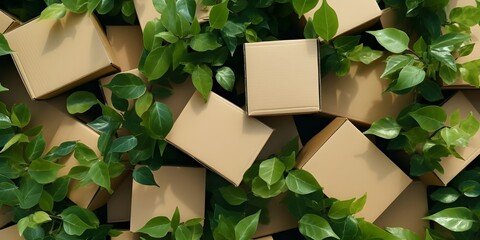 Artistic Composition of Cardboard and Leaves A top view artistic composition of cardboard boxes with creatively arranged green leaves, suitable for environmental art. Green Living Leafy Cardboard Arr