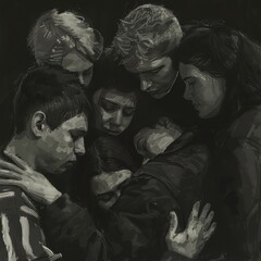 A group of friends gathers around one of them, supporting and comforting in a difficult moment, with expressions of sympathy and solidarity on their faces. Job ID: b8bac0a0-ad33-4915-9121-959cf951788c