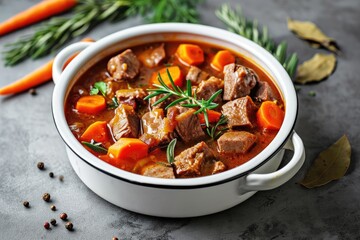 white bowl of Pork ragout made of pork cubes, celery sticks, beef broth, red wine, thyme chopped, rosemary chopped, bay leaves, carrots diced on light grey background