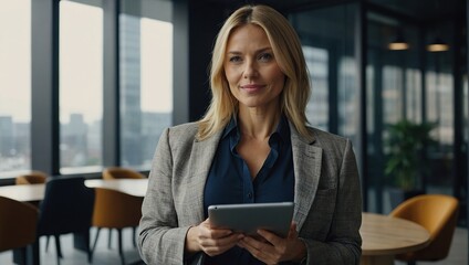 Fototapeta premium Successful Businesswoman Using Tablet Computer, Standing in Modern Diverse Office in Downtown And Working on Financial, Business and Marketing Projects, Portrait of Beautiful Caucasian Manager