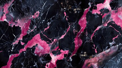 A vibrant black marble texture, with bold streaks of white and fuchsia creating backdrop perfect for modern, chic designs. - obrazy, fototapety, plakaty