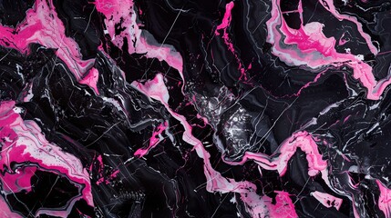 An energetic black marble texture adorned with bold streaks of white and fuchsia, crafting a...