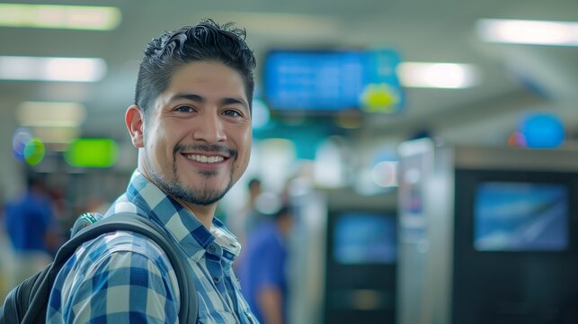 An image depicts a smiling Latin man navigating through an airport security checkpoint