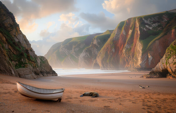 Cove Retreat: Catboat with Seals Sunbathing at Daybreak
