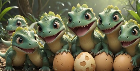 Five little dinosaurs are looking at the camera, 3d