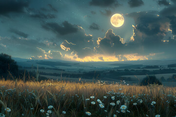 Luna brillante en un paisaje hermoso - obrazy, fototapety, plakaty