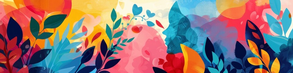 A detailed painting depicting a riot of vibrant flowers and leaves in a vibrant and vibrant composition. Silhouette portrait of a woman. Banner. Mother's day concept.