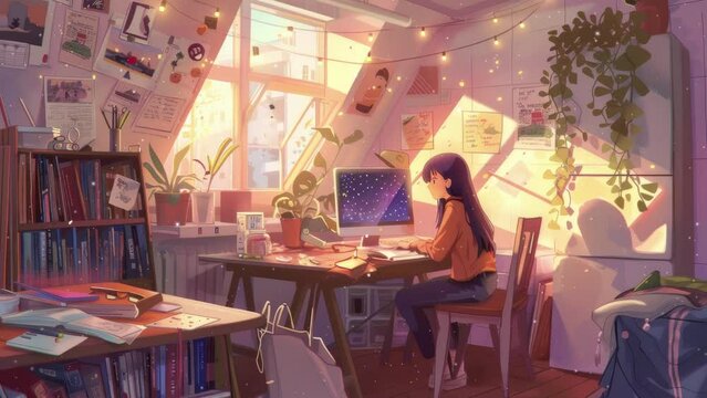 Anime cute girl studying in her room, chill, cozy vibes. Lofi